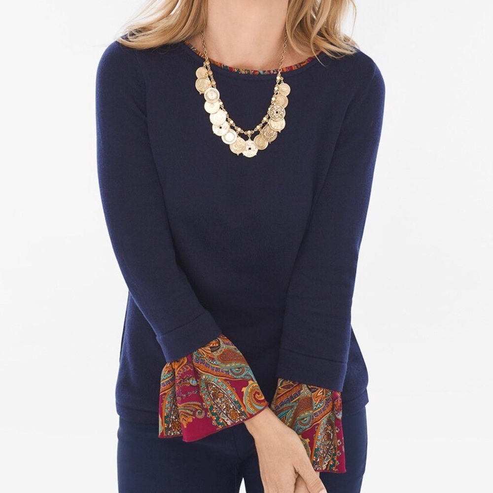 Chico’s Paisley Woven-sleeve Midnight Pullover